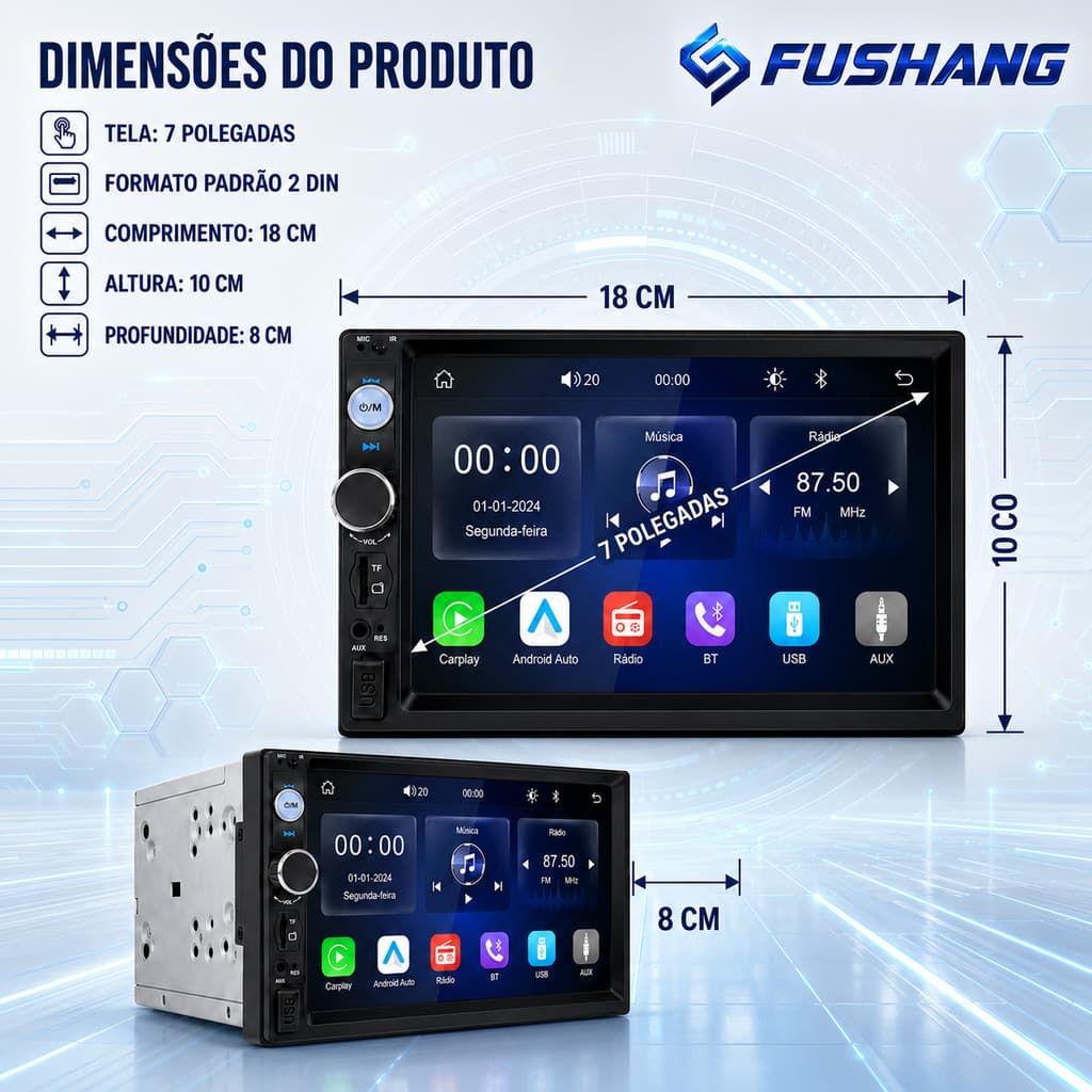 FUSHANG Central Multimídia Automotiva 2 DIN Tela Touch 7” CarPlay Android Auto Bluetooth USB Rádio FM Espelhamento 4x45W