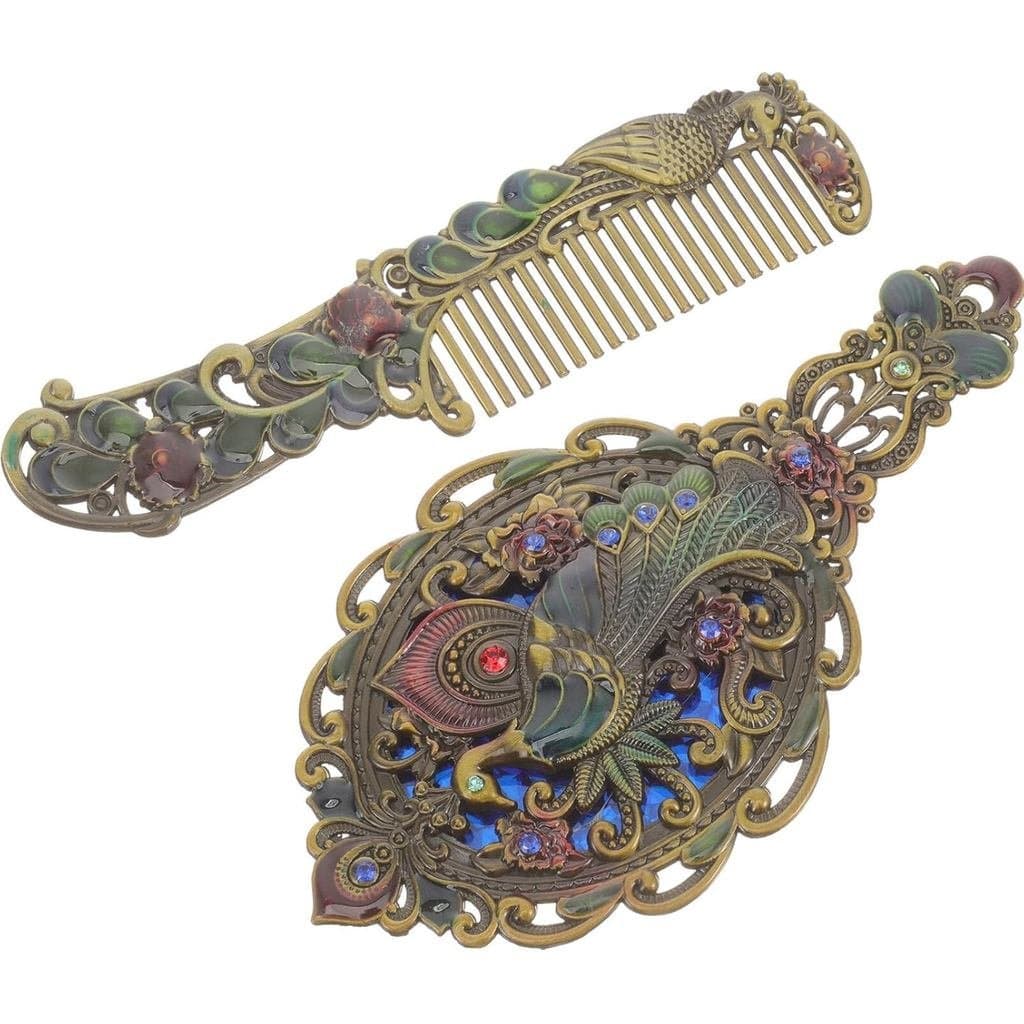 Conjunto de Espelho de Maquiagem Vintage e Pente Beaupretty, Espelho Portátil com Alça Decorativa de Metal para Retoques