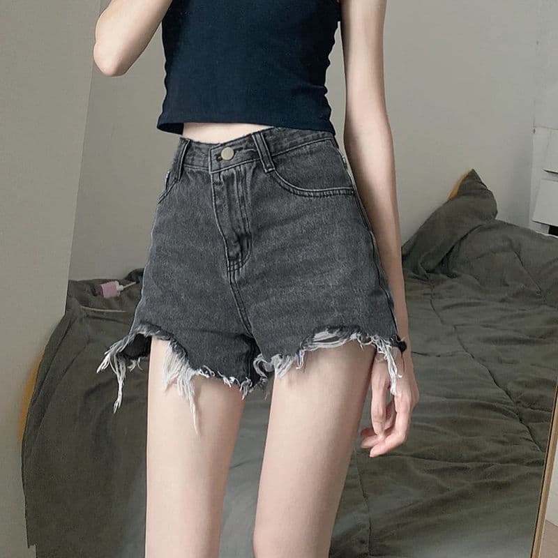 Shorts jeans femininos de verão, elegantes e finos, tamanho grande, modeladores, de cintura alta, rasgados, corte em A,