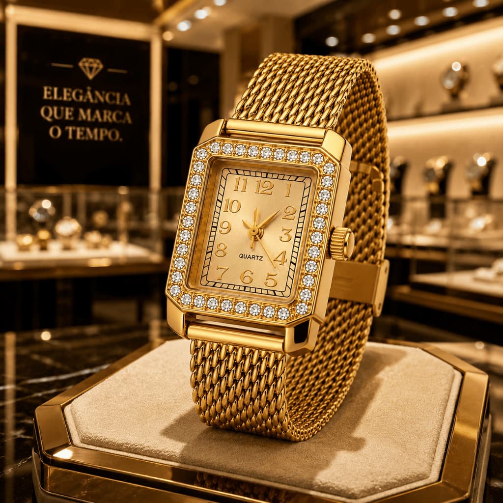 Relógio Feminino Dourado Prata Cravejado Strass Luxo Elegante Social Festa Presente Chique Fino Delicado Top