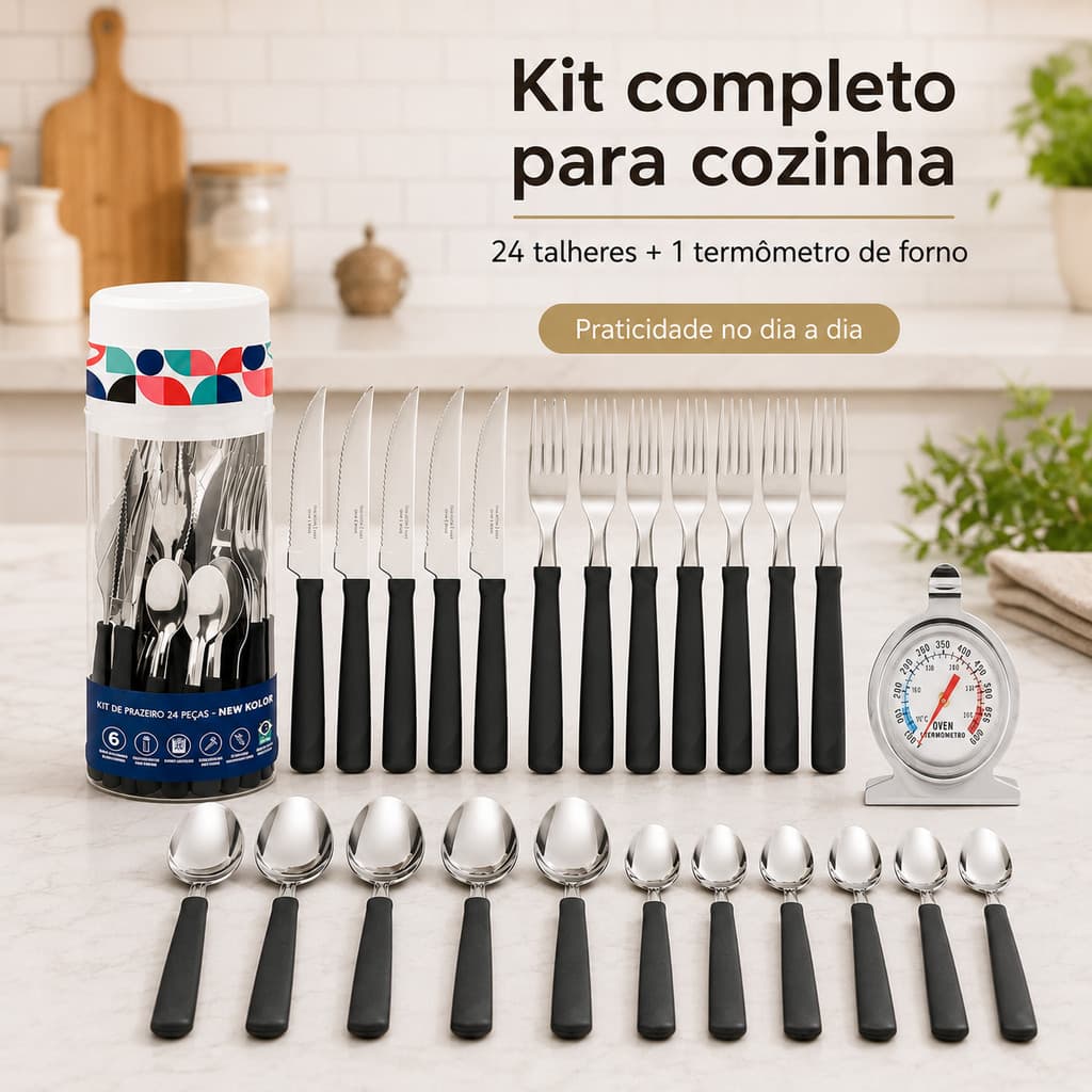 Kit Jogo De Talheres Faqueiro Aço Inox  24 Peças+Termômetro de Forno