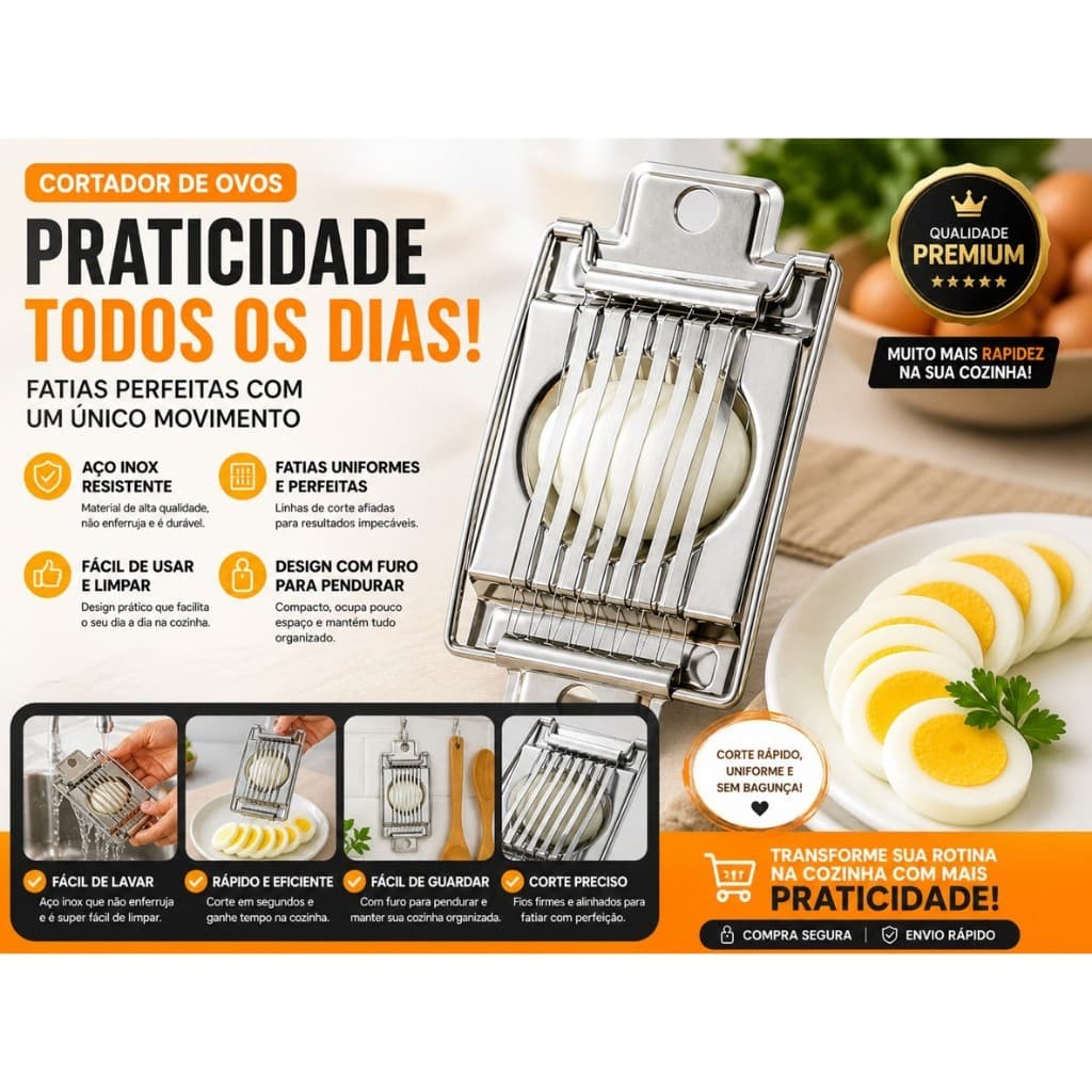 Cortador de Ovos Inox Profissional Fatiador de Ovos Cozidos Corte Rápido e Uniforme