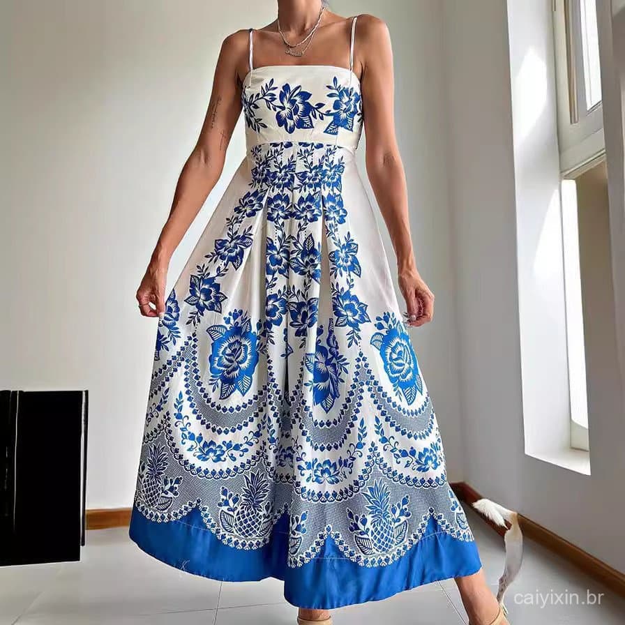 Vestido de alcinha com estampa simétrica de estilo étnico, novo modelo em promoção (28467) XLYD