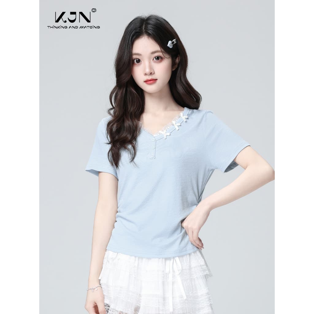Azul com decote em V camiseta de manga curta feminina 2026 verão novo estilo Bowknot renda borda cintura estreita ombro
