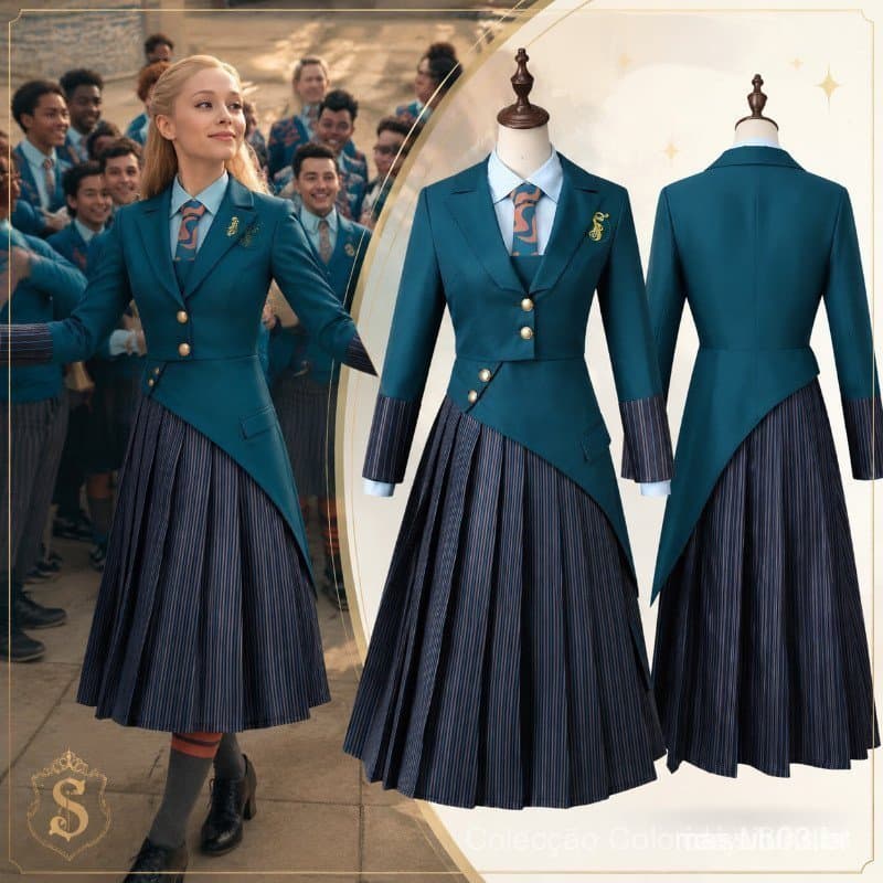 Novidades: Fantasia de Cosplay da Maléfica Elphaba, Uniforme Escolar para Mulheres e Meninas, Conjunto de Casaco Verde P