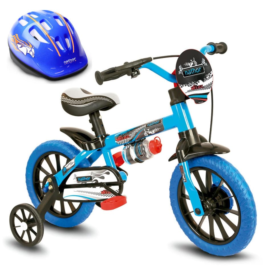 Bicicleta com Rodinha Aro 12 Infantil Veloz Menino Capacete Azul