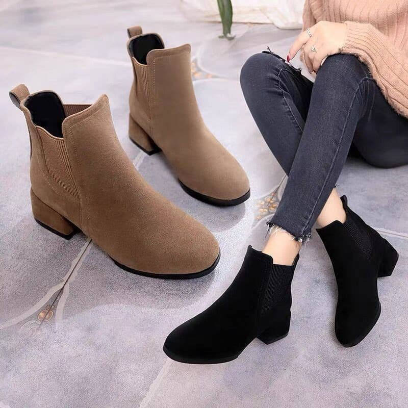 Botas curtas inverno novo estilo botas de lã de salto médio outono inverno camurça dedo do pé quadrado salto alto botas