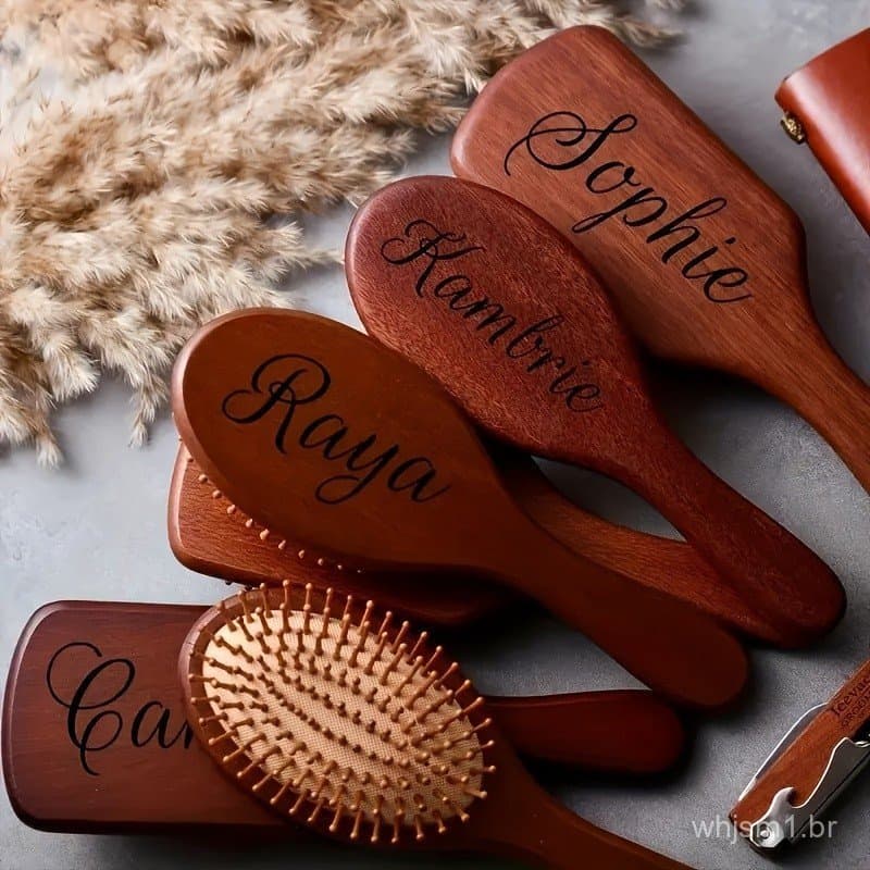 Escova de Cabelo de Madeira Personalizada com Gravação, Nome Personalizado, Texto Feito à Mão, Cabo de Nogueira, Cerdas