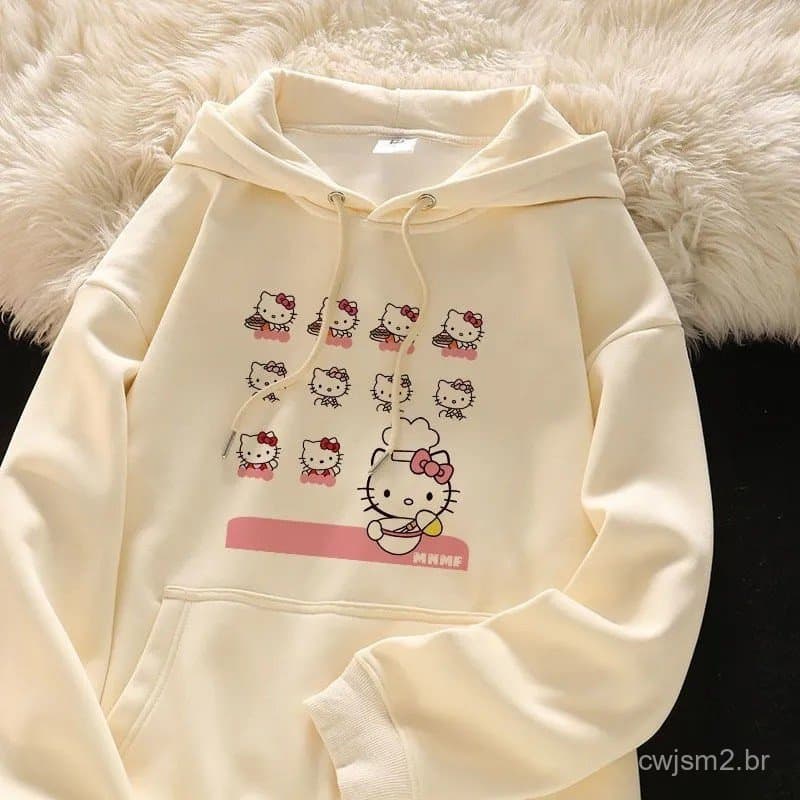 Moletom Unissex Sanrio Hello Kitty com Estampa de Chef, Bege Creme, Casual, Oversized