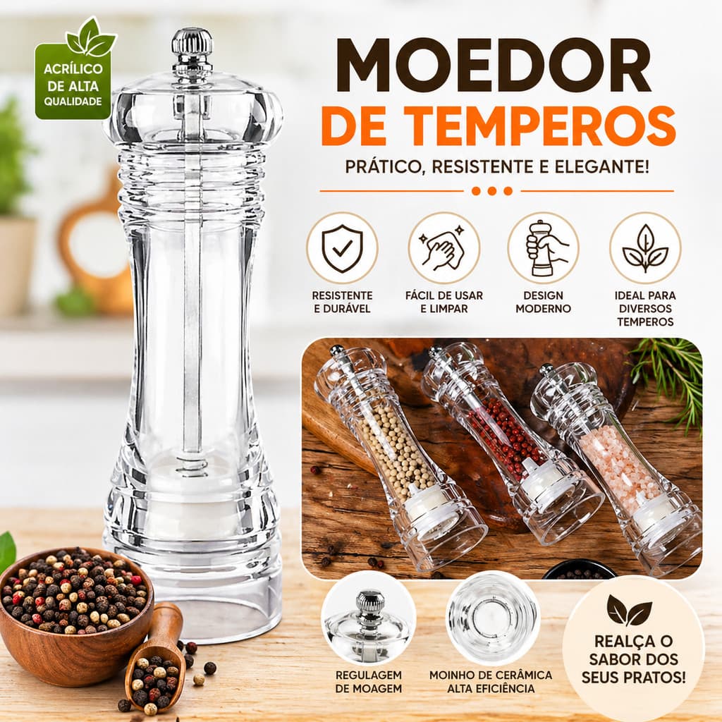 Moedor de Sal e Pimenta Grande em Acrílico Manual para Churrasco Sal Grosso Temperos Ajustável