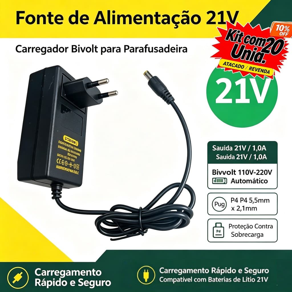 Carregador Parafusadeira 21V Bivolt 1A | Carregamento Rápido Proteção Contra Sobrecarga | Conector P4 Ferramentas