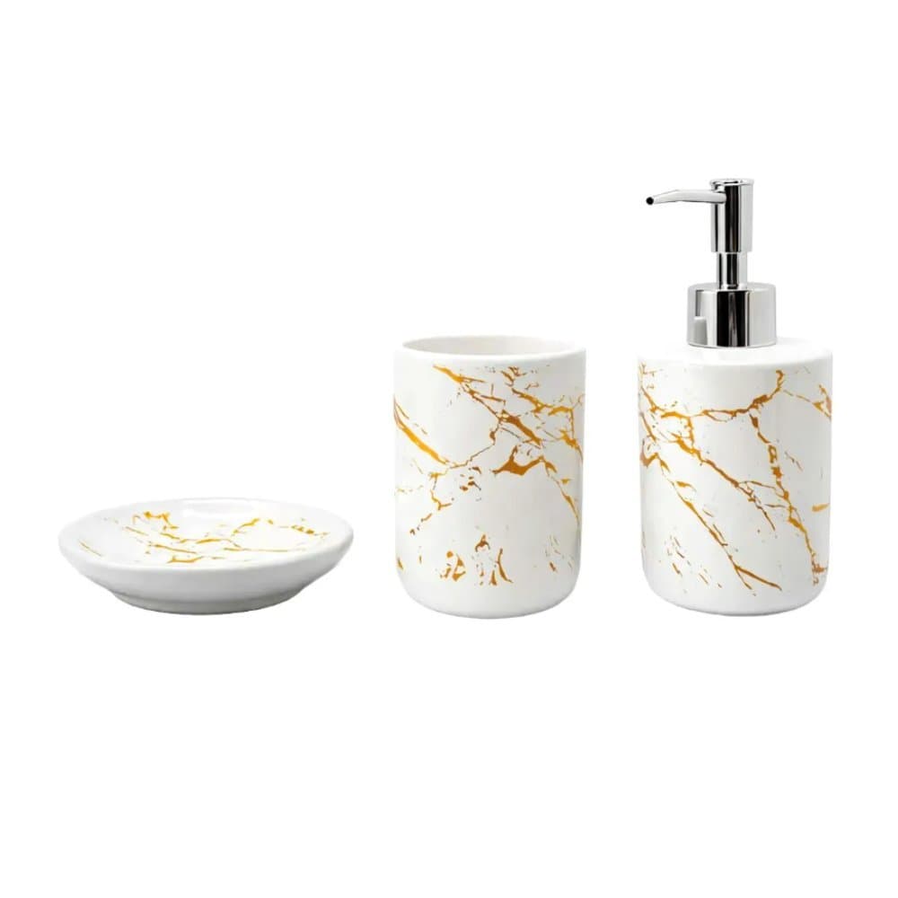 Kit Banheiro 3 Peças Cerâmica Branco Luxo Clink Porta Sabonete Escova Saboneteira