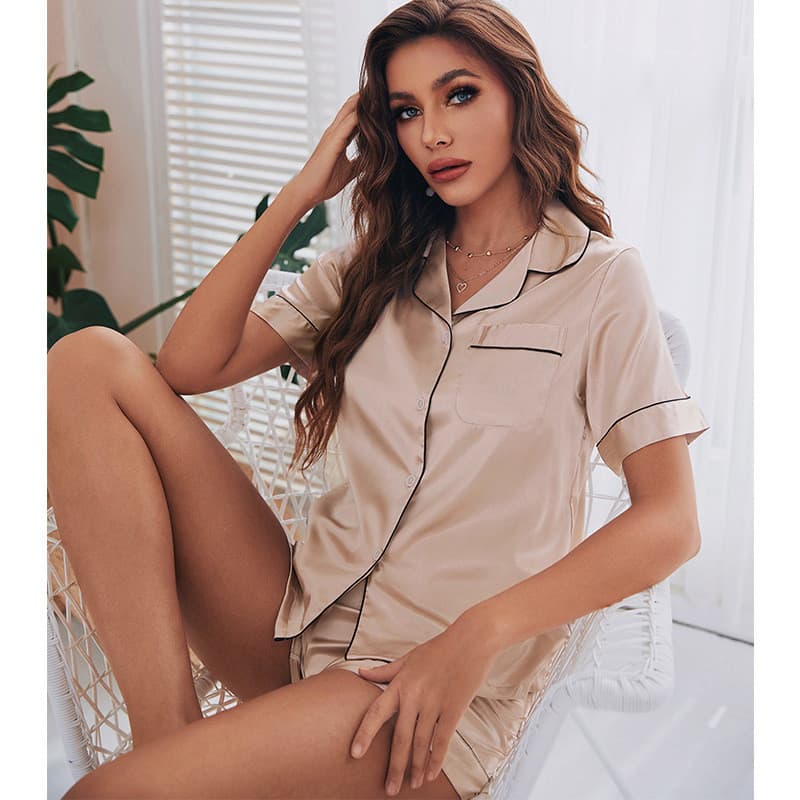 Pijamas femininos verão listrado cor sólida básico Shorts de manga curta Casual senhoras Homewear terno 2349