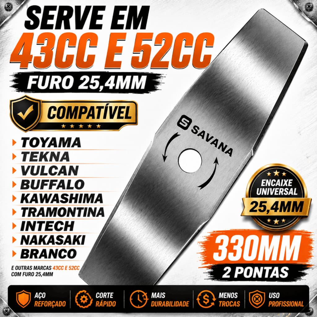 Lâmina Roçadeira 330mm 2 Pontas Furo 25,4mm Compatível 43cc 52cc Toyama Tekna Vulcan