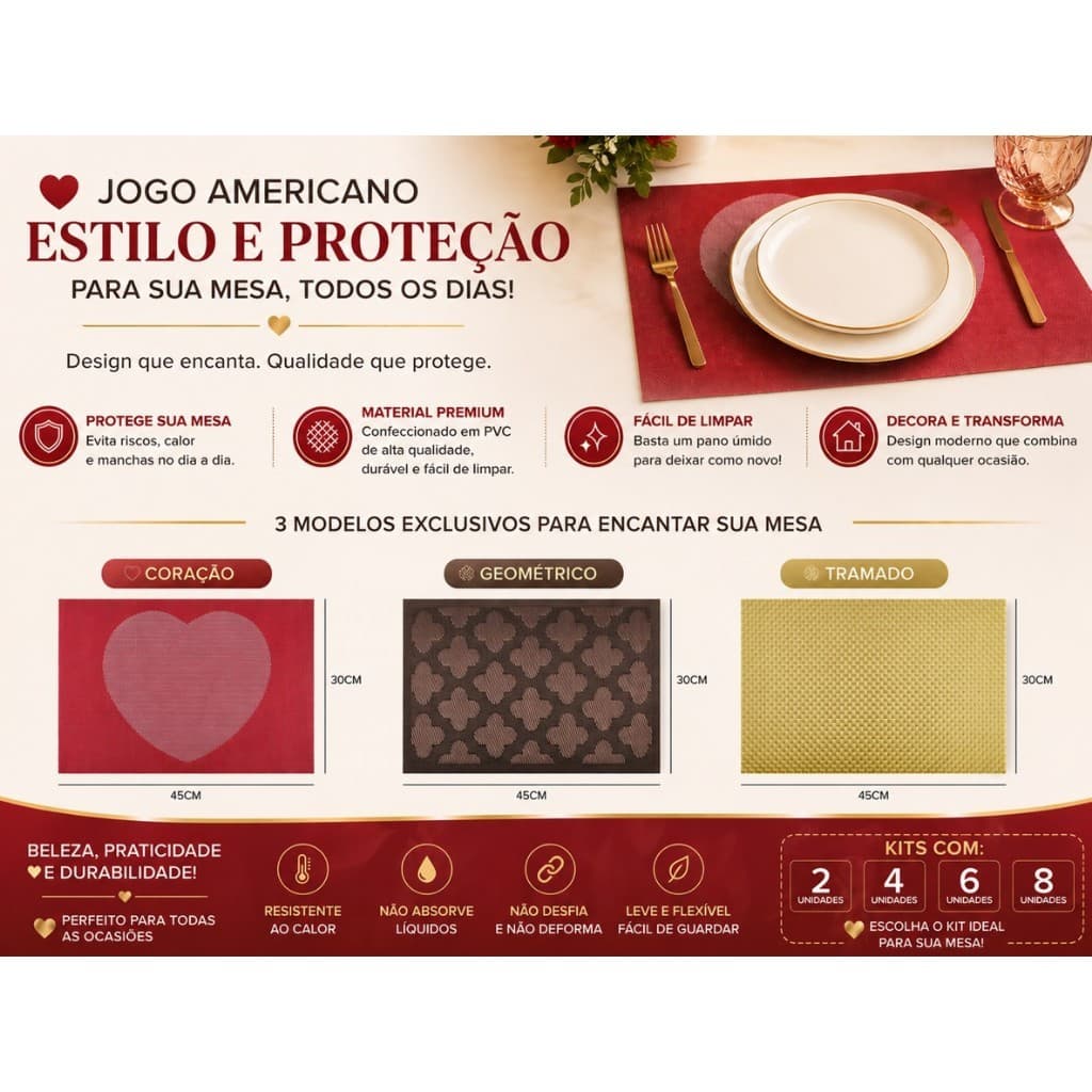 Jogo Americano Premium 45x30 cm Vários Modelos – Elegância, Proteção e Praticidade para sua Mesa - Escolha a Quantidade