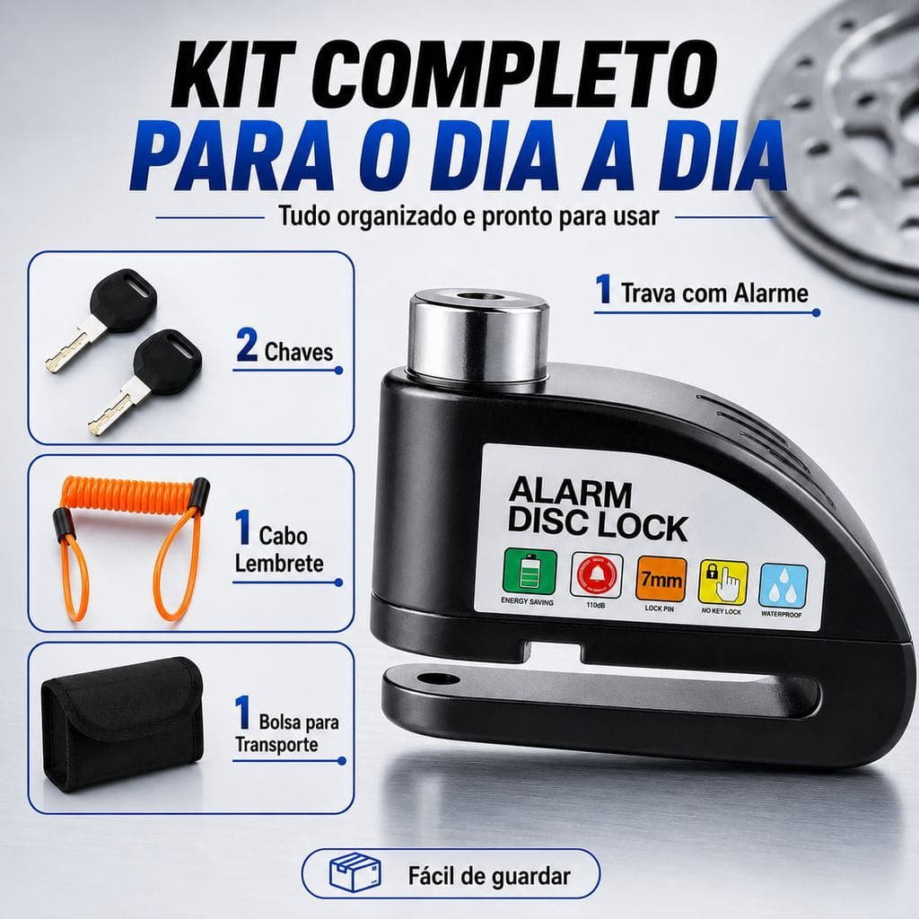 Cadeado Antifurto com Sensor de Vibração para Moto, Scooter e Bike, Alarme 110dB, Pino 7mm e Kit Completo