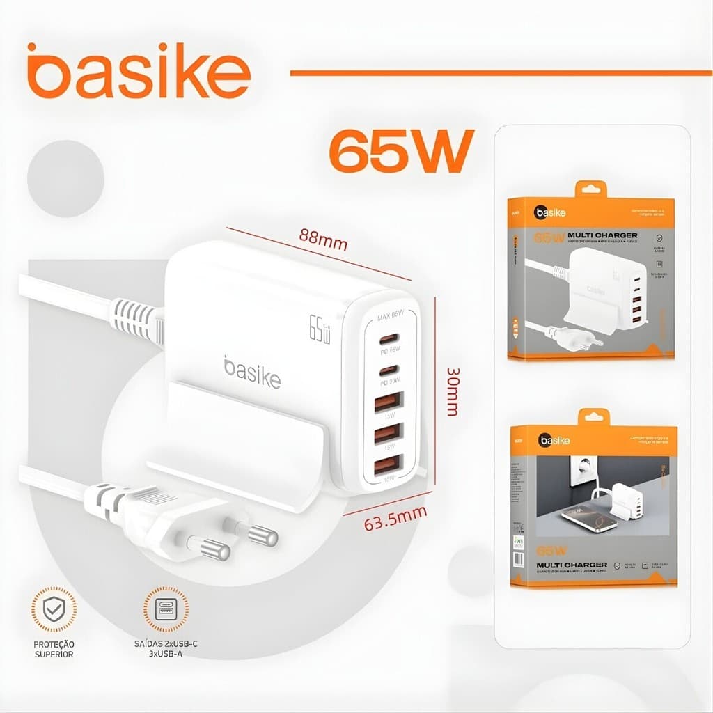 Carregador Basike 65w Usb + Cabo 1,5m Carga Rápida