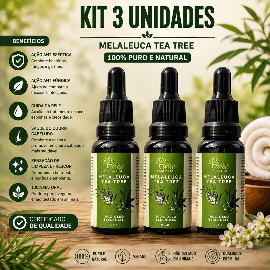 KIT 3 OLEOS ESSENCIAIS PURO DE MELALEUCA IDEIAS PARA COURO CABELUDO PELE OLEOSA UNHAS ANTISSEPTICO CICATRIZANTE NATURAL