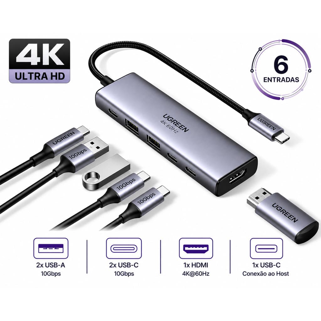 Hub USB-C 6 Em 1 Ugreen 35999 | HDMI 4K USB-A e Tipo-C 10Gbps | Original e Lacrado | Adaptador para PC e Notebook