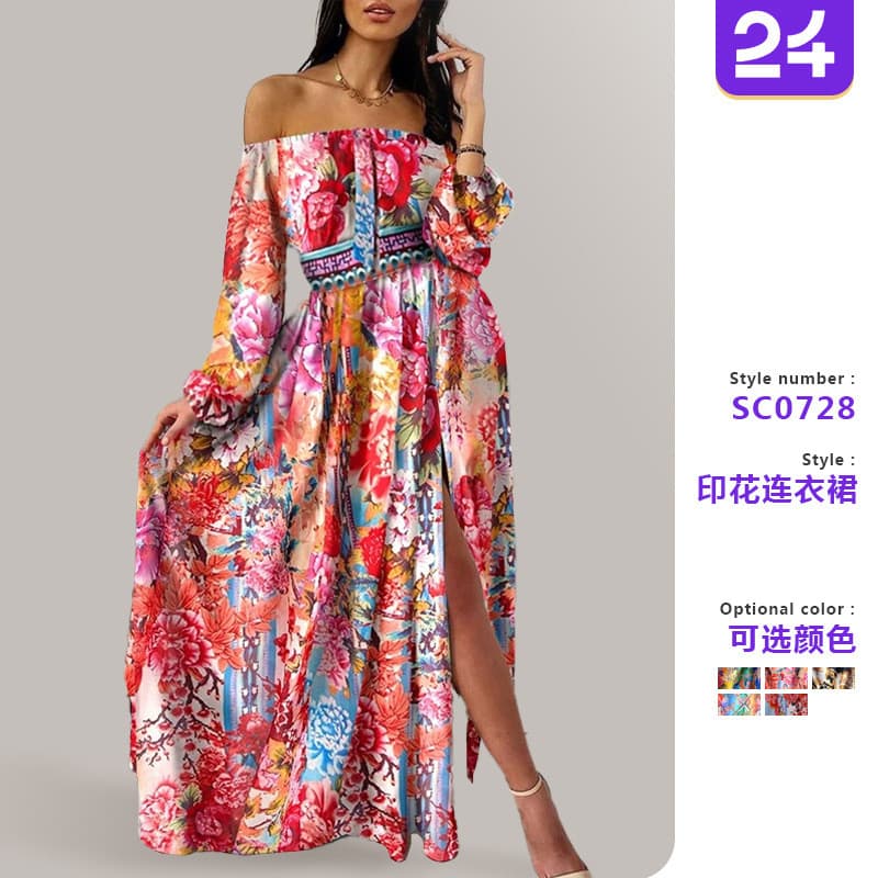 Vestido de noite de verão vestido estampado pulôver de um ombro retrô manga comprida grande balanço dividido saia longa