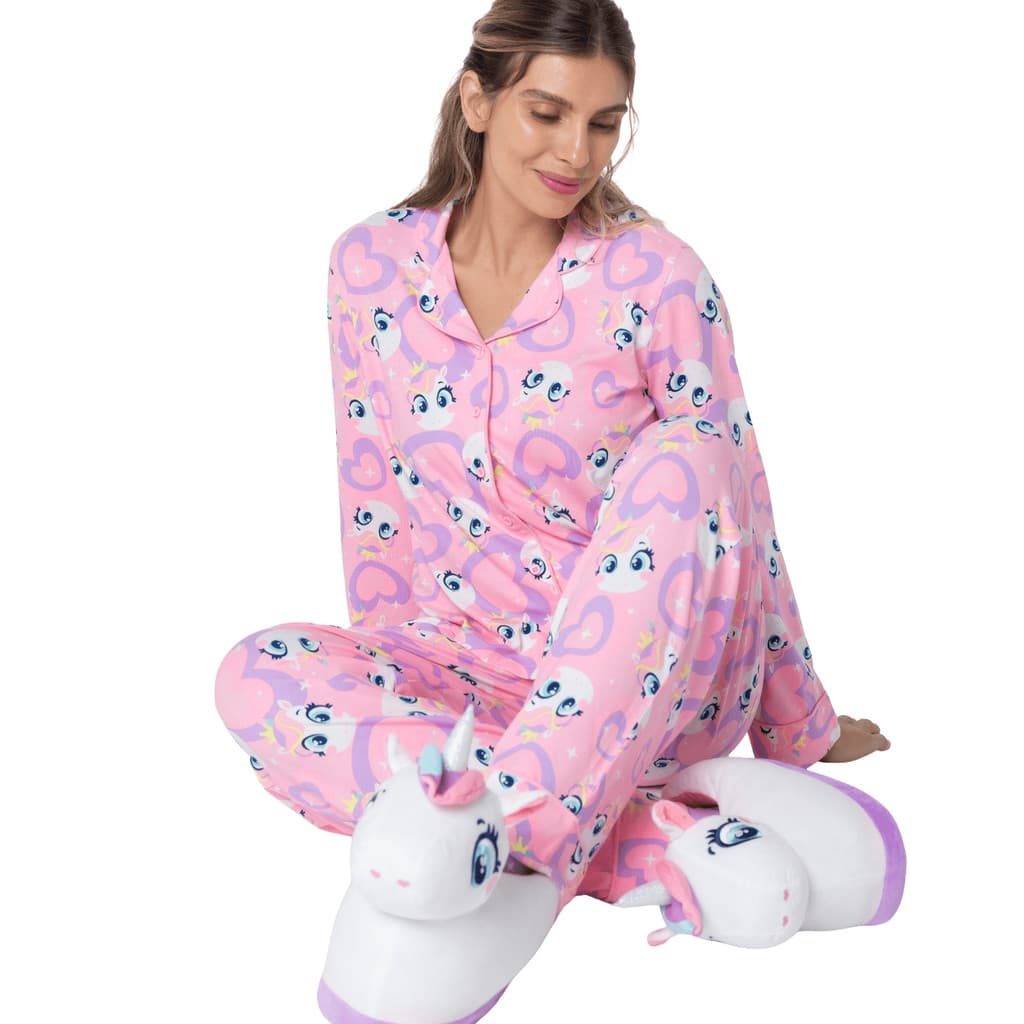Pijama Americano Feminino Adulto Cerejas Viscolycra Manga Longa Confortável Leve Original Puket