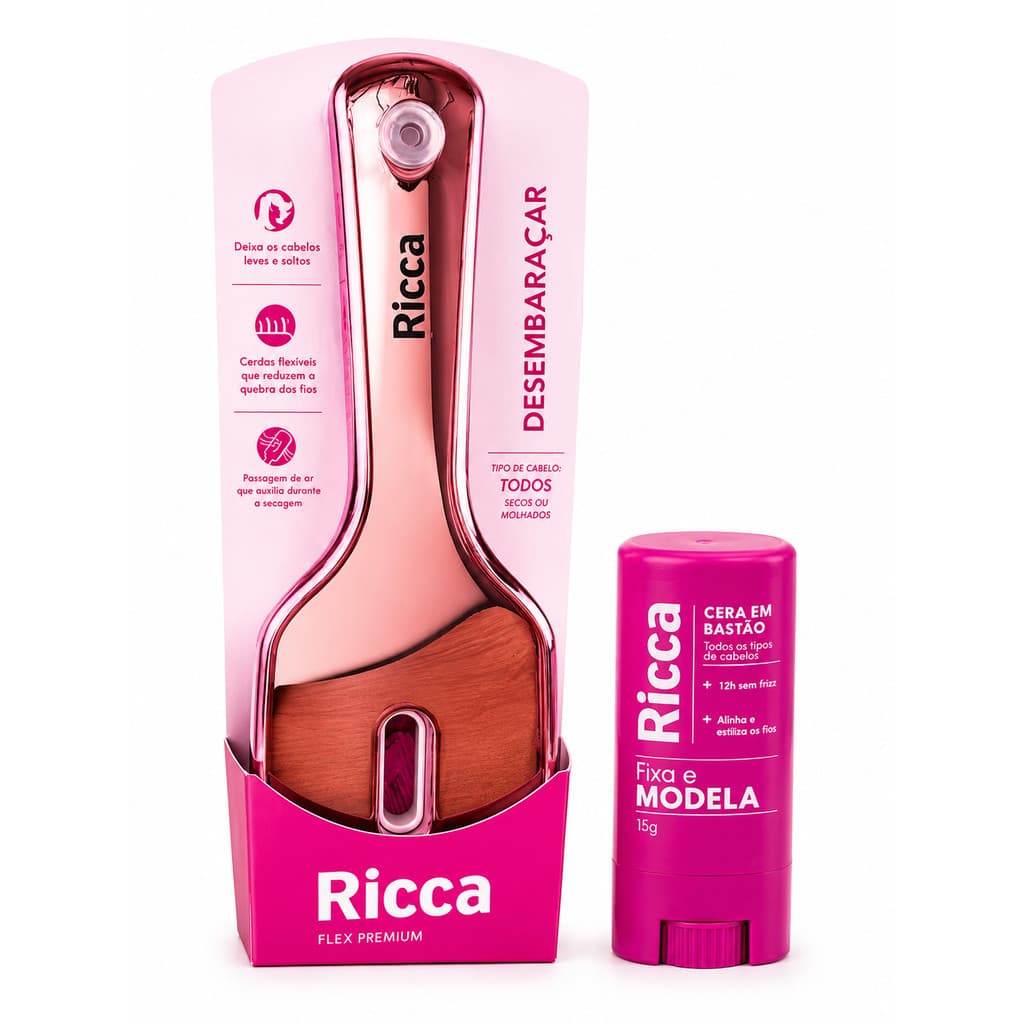 Kit Escova Flex Premium Rose + Cera Bastao Fixa Modela Ricca