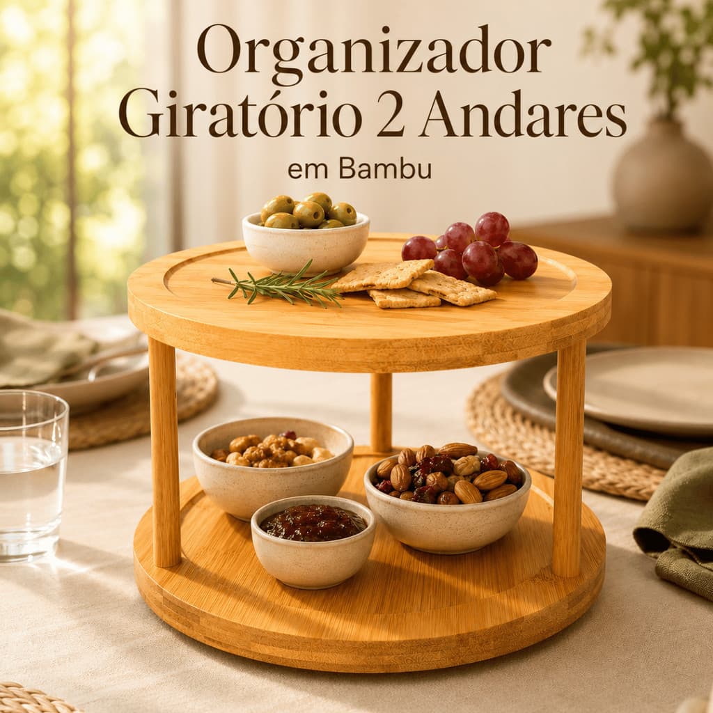Organizador Petisqueira Giratório Multiuso Bambu 2 Andares 25cm Porta Temperos Molhos Cozinha Perfumes Redondo Café Alto
