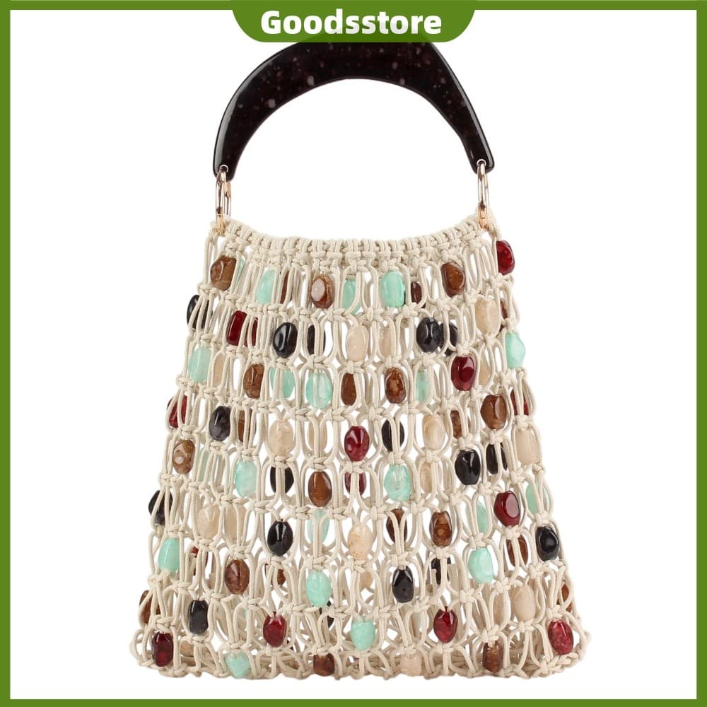 Bolsa De Praia Colorida Com Miçangas E Alça De Resina Para Férias De Verão Elegante De Palha Mulheres [Goodsstore.br]
