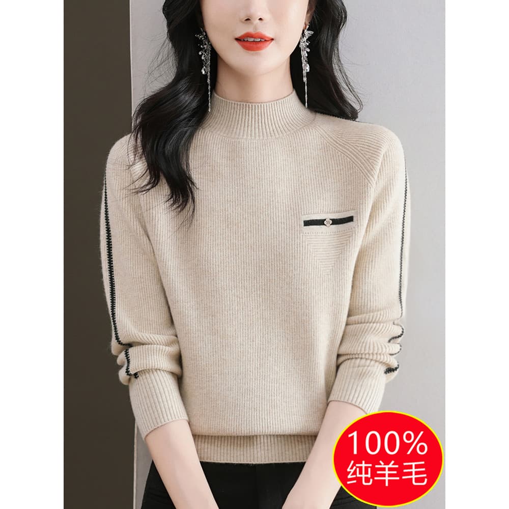 Primavera outono estilo high-End camisola feminina meia gola alta camisola de lã da mãe solta curta camisa de fundo de m
