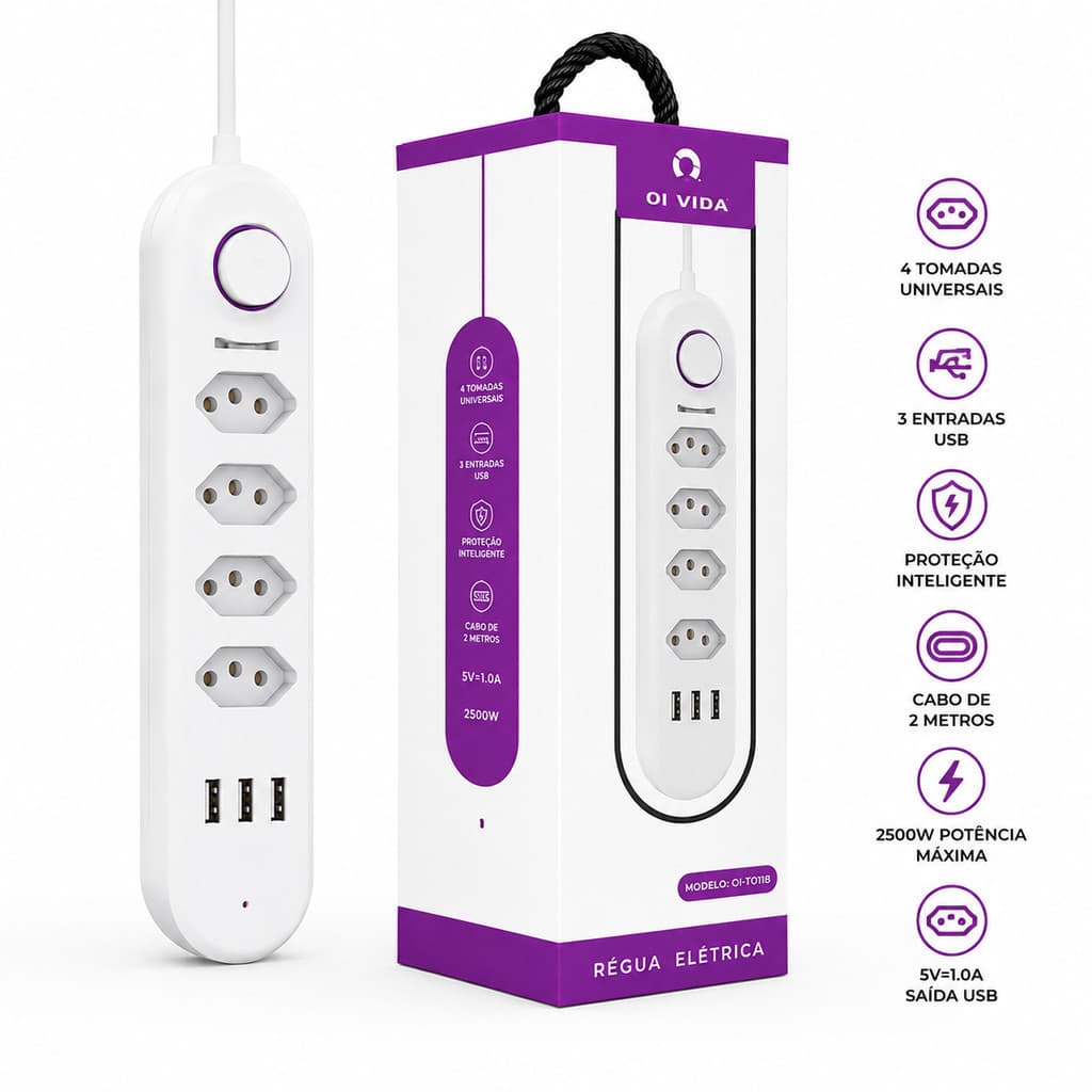 Régua de Energia com USB Carregamento Rápido 2500W