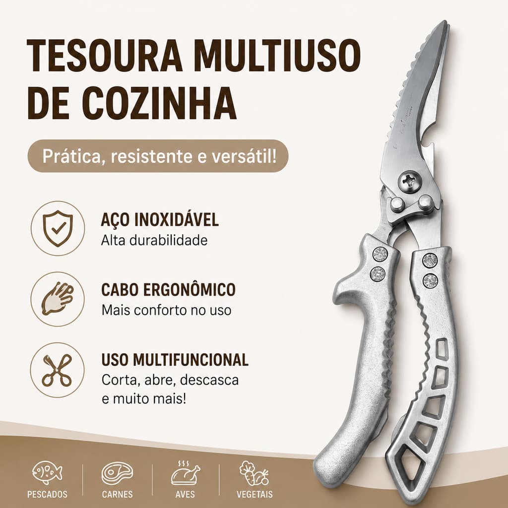 Tesoura Multiuso em Aço Inoxidável, afiada, resistente, cabo ergonômico antiderrapante para casa e jardim