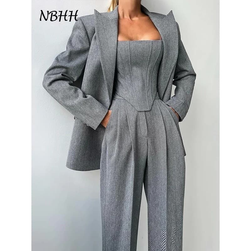 Conjuntos Elegantes de 3 Peças para Mulheres: Blazer Sólido, Calças e Top de Manga Longa com Cinto, Calças de Cintura Al