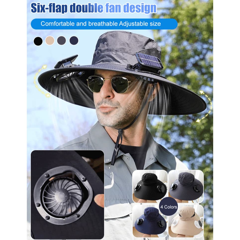 【Fresco no Verão】Chapéu de Sol Elétrico de Aba Larga para o Verão, Ventilador Solar/Proteção/UV