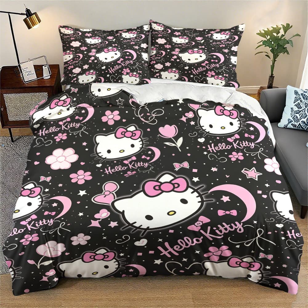 Conjunto de três peças de capa de edredão com tema Hello Kitty Sanrio de 3 peças, preto rosa flor estrela lua doce estil