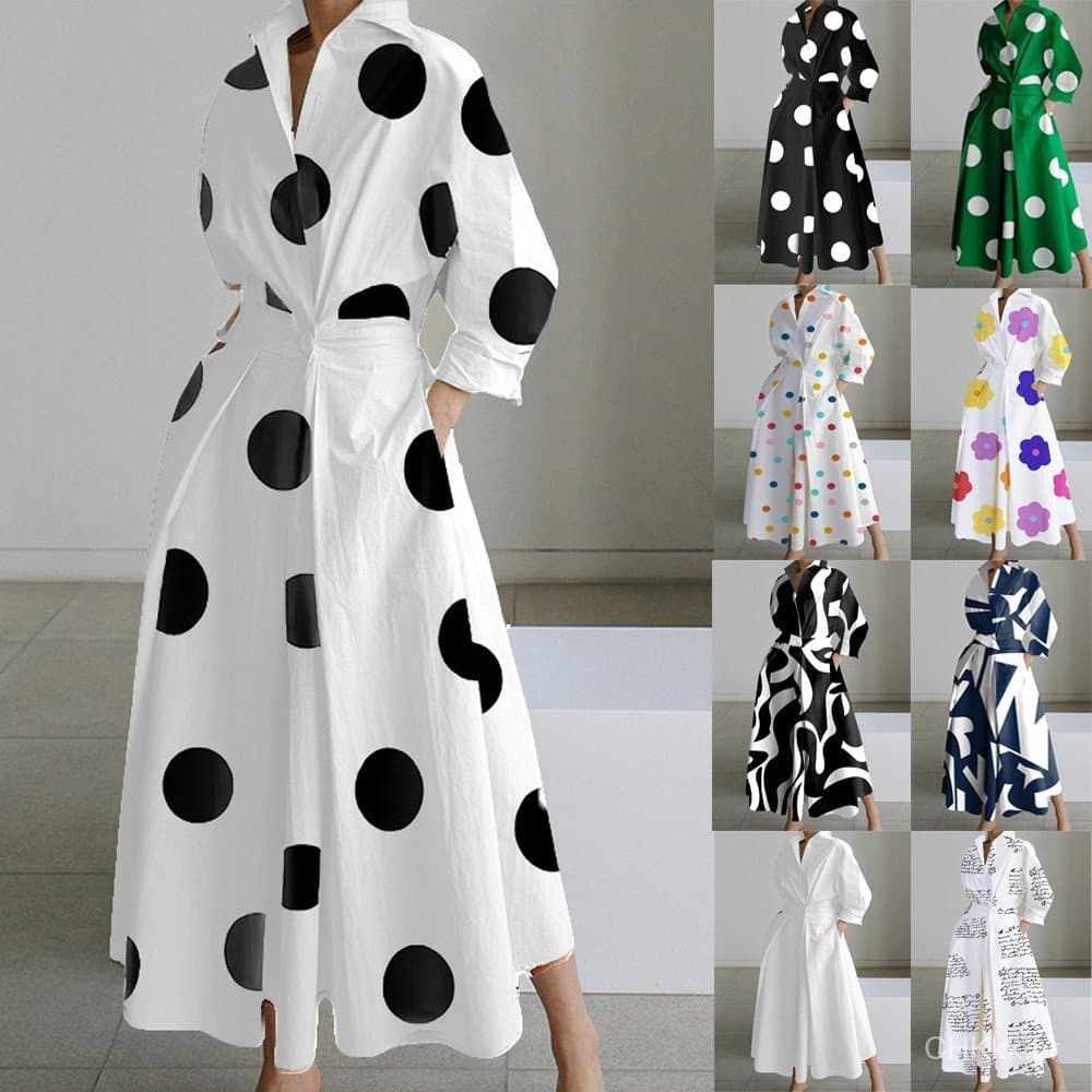 Lapela Vestido Polka Dot Feminino Manga Longa Moda Impressão Elegante De Bolso Maxi