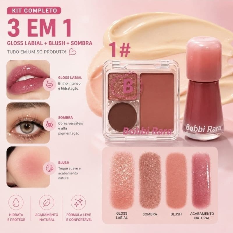 Kit de Maquiagem 3 em 1 Bobbi Rara – Gloss Labial + Blush + Sombra | Compacto e Prático