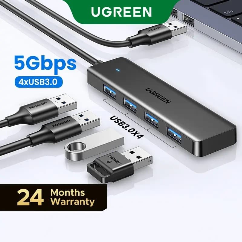 Hub USB3.0 UGREEN 5Gbps, divisor de 4 portas USB-A/USB-B, design ultrafino, compatível com PS5, Xbox, mouse, teclado de