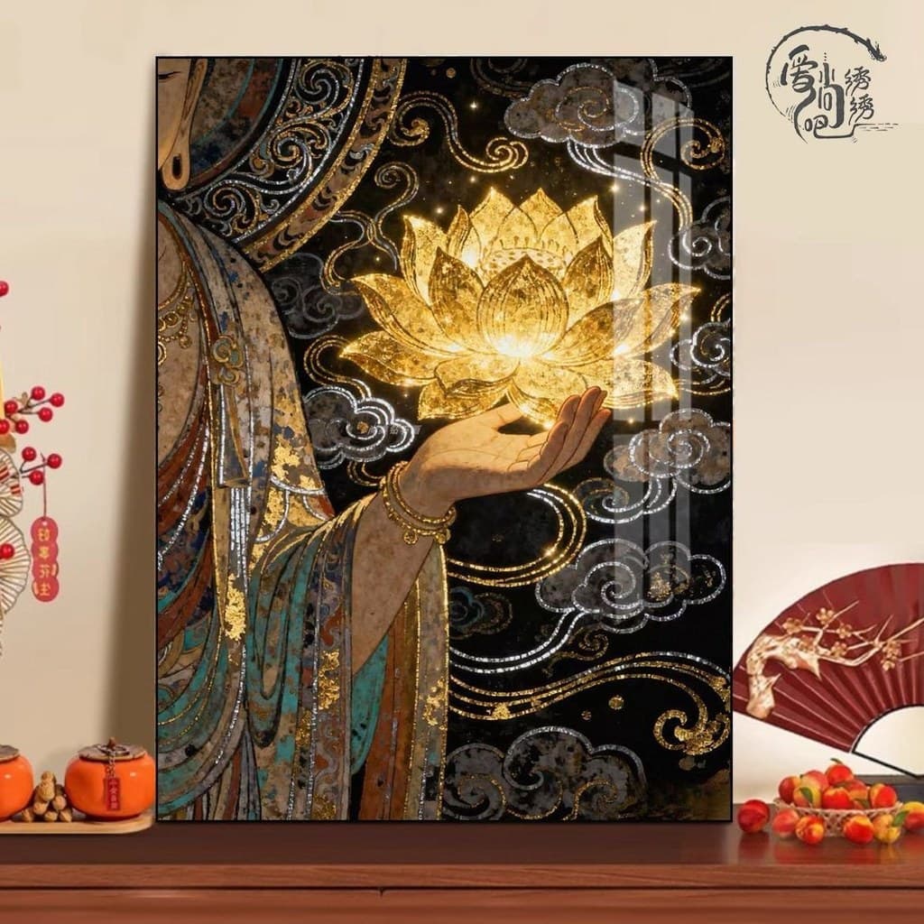 Dunhuang bergamota ponto cruz de lótus cru High-End estilo chinês linha bordado sala de estar entrada artesanal próprio