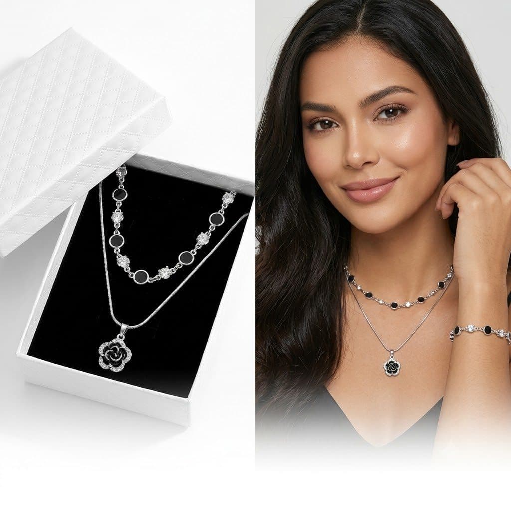 Colar Feminino Duplo Pingente Flor Zirconia Strass Prata + Caixa para Presente Luxuosa Perfeito