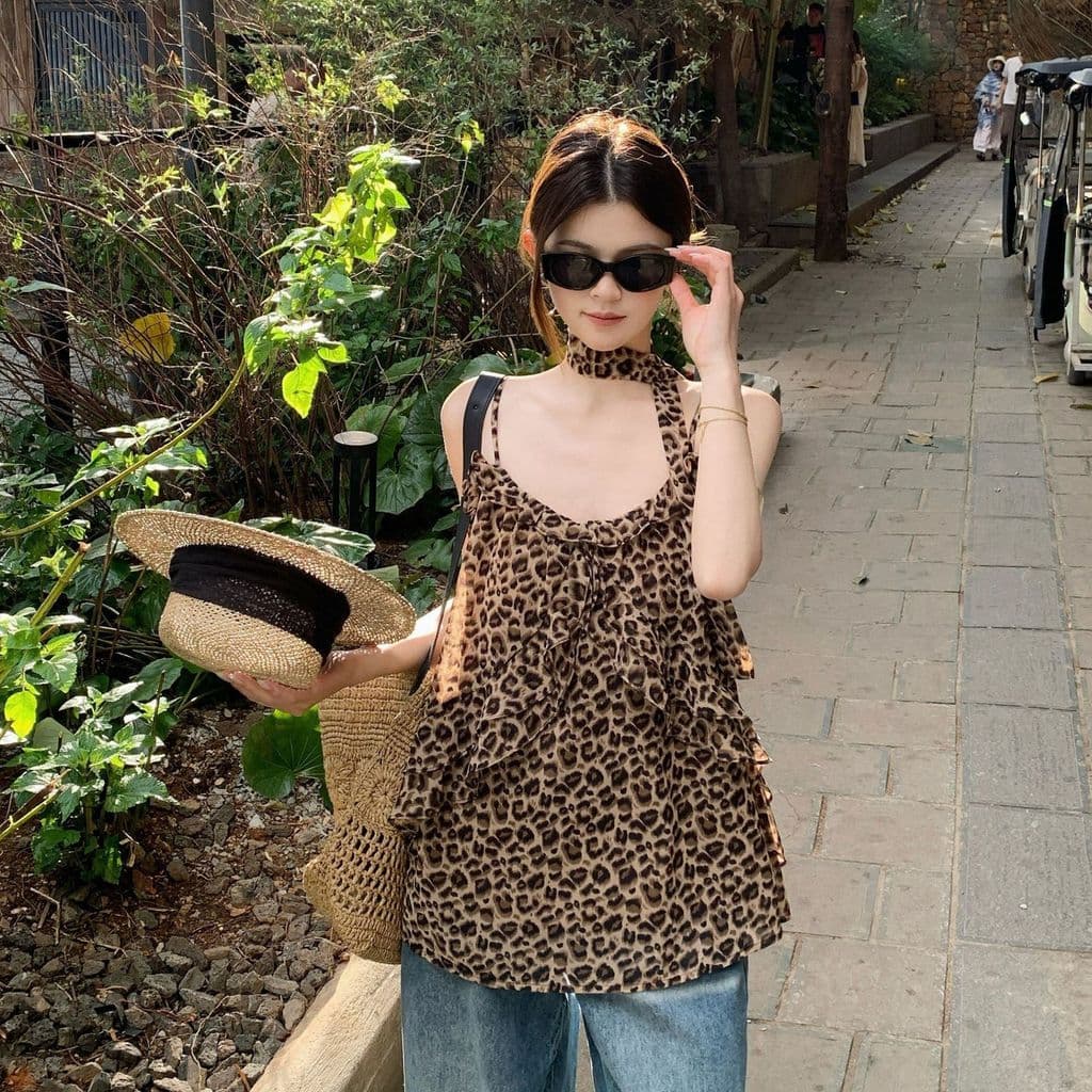 Menina quente americano Retro leopardo impressão Streamer Halterneck camisola feminina verão mais magro olhar exterior u