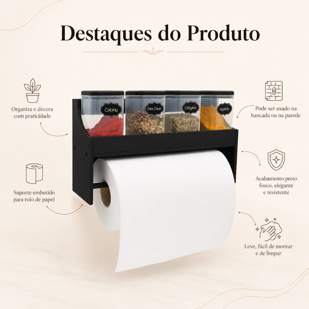 Suporte Porta Condimentos MDF Preto Papel Toalha Cozinha Organizador Parede Bancada Decorativo