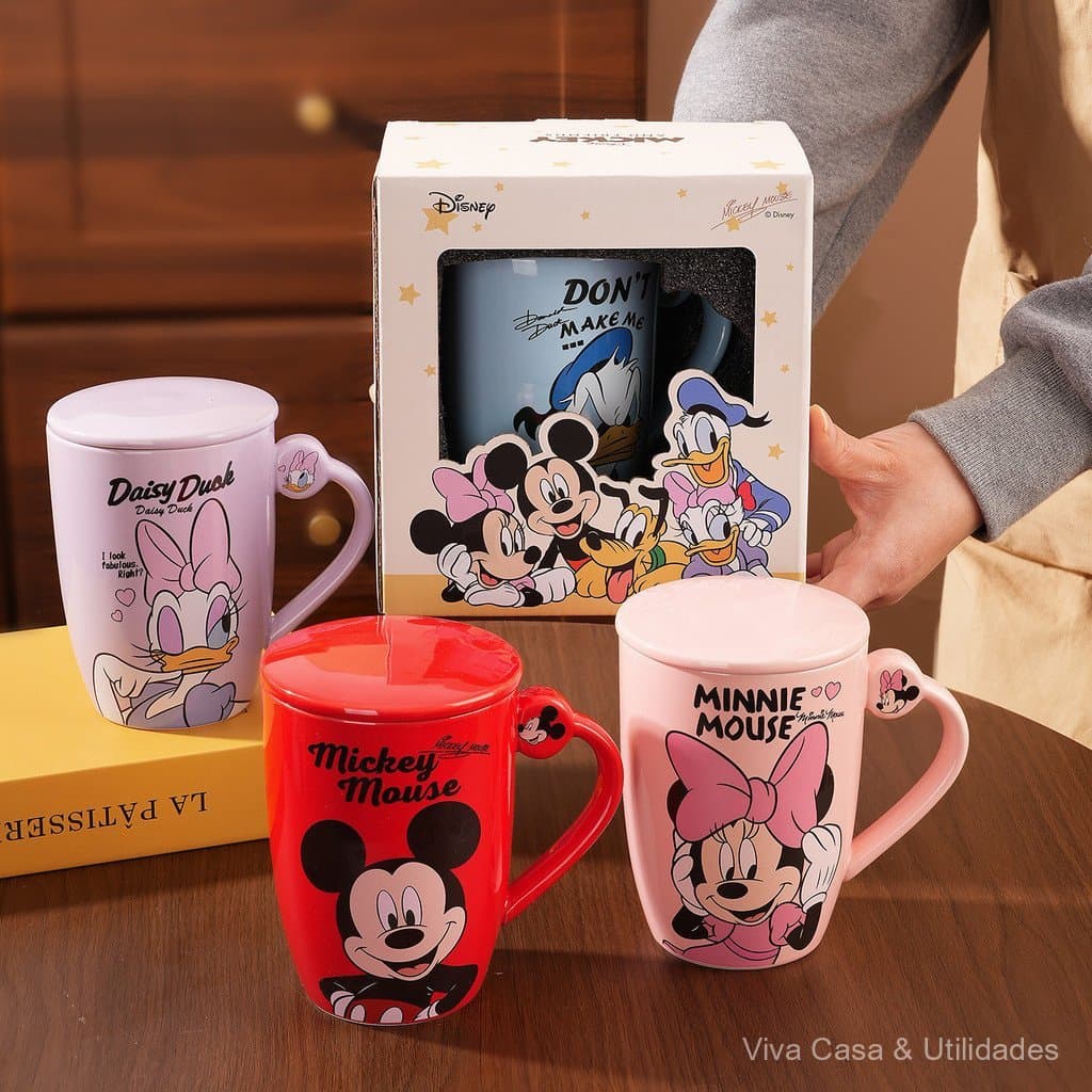 Promoção Imperdível no Brasil ⭐ Caneca do Mickey Mouse com tampa, caneca de café de cerâmica para casal de Ano Novo para