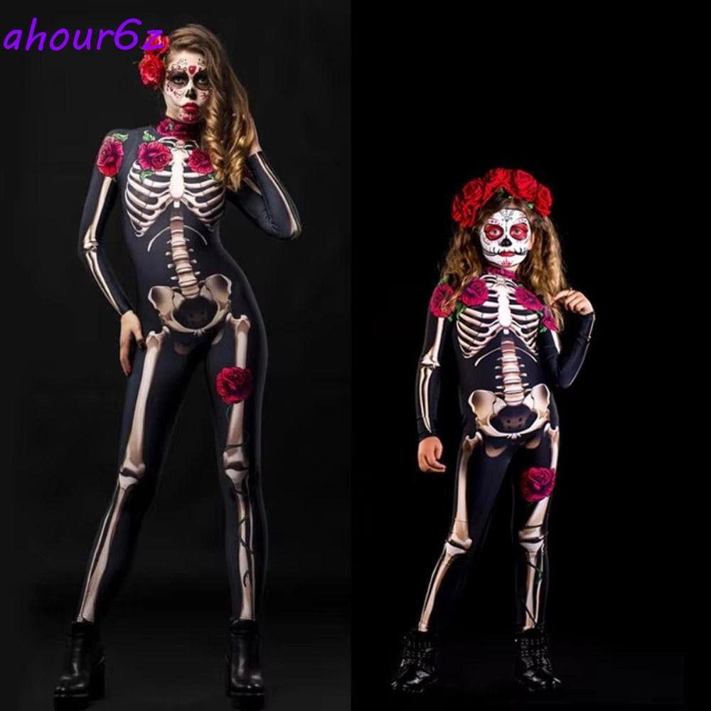 Bodysuit Esqueleto AHOURZ , Macacão Fantasma Do Diabo Preto De Halloween , Cosplay Floral Trajes Femininos Assustadores