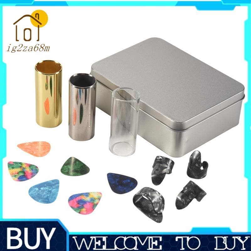 Conjunto De Slides De Guitarra Com 1 Corrediça De Vidro , Aço E De Latão , 6 Peças De Palhetas 4 Dedo