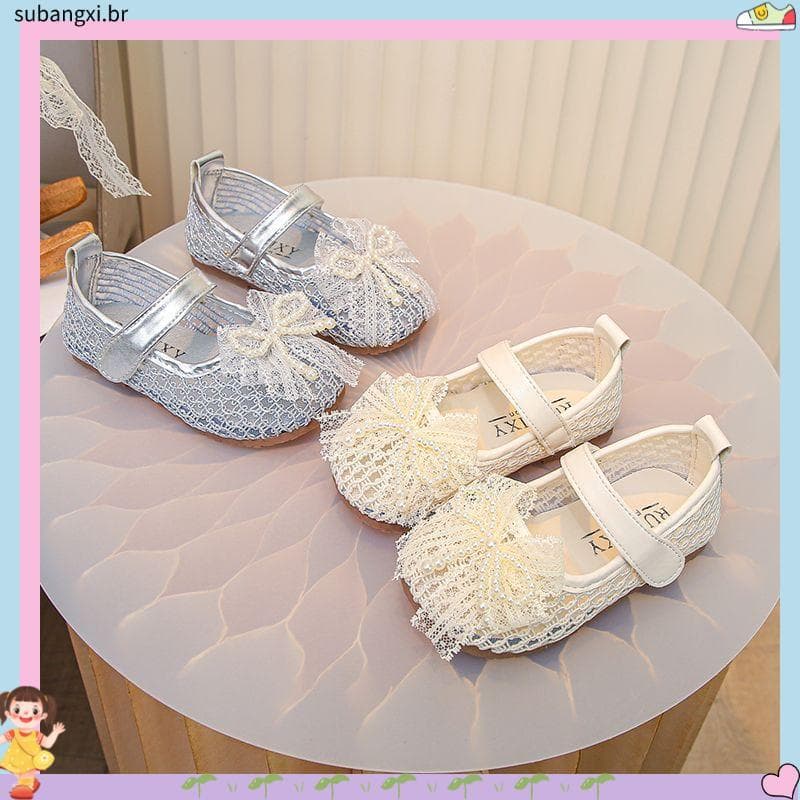Meninas sapatos de princesa 2026 primavera outono novo estilo crianças pérola gaze Toe-coberto sandálias meninas arco oc