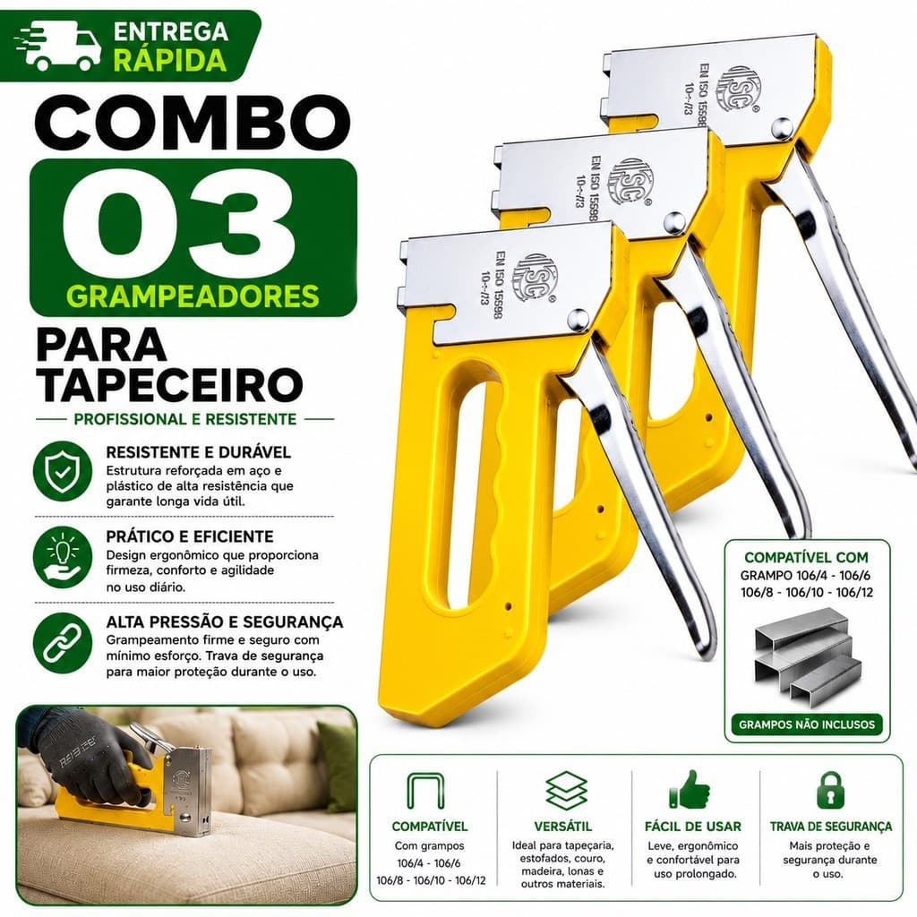 Grampeador Tapeceiro Profissional Multiuso Estofados Forros e Painéis Embalagens Madeira Couro Sofás