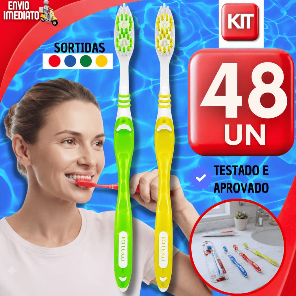 KIT ESCOVAS DENTAIS ADULTO COM CERDAS MACIAS EM NYLON, LIMPADOR LINGUAL, CABO ERGONÔMICO E CORES SORTIDAS