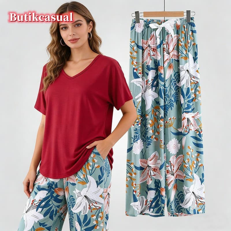Feminino Modal Cor Bloco Com Decote Em V Manga Curta Floral 7/8 Calças De Perna Larga Conjunto Solto Plus Size Impresso