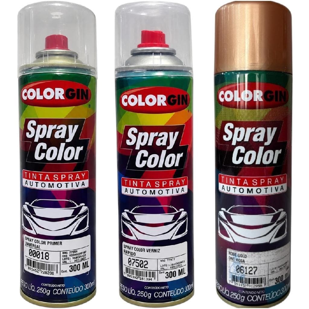 Kit Tinta Spray Automotiva Colorgin Rose Gold 300ml + Primer Universal + Verniz Rápido