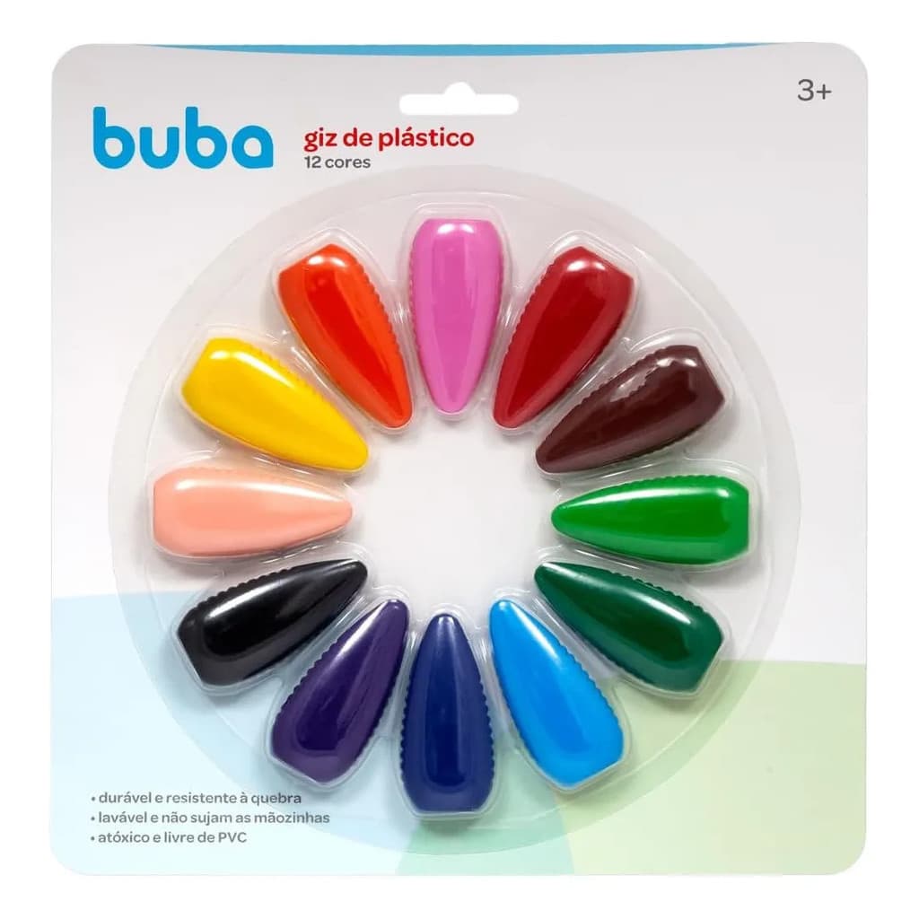 Giz Infantil Buba 12 Cores de Plástico Lavável Não Tóxico